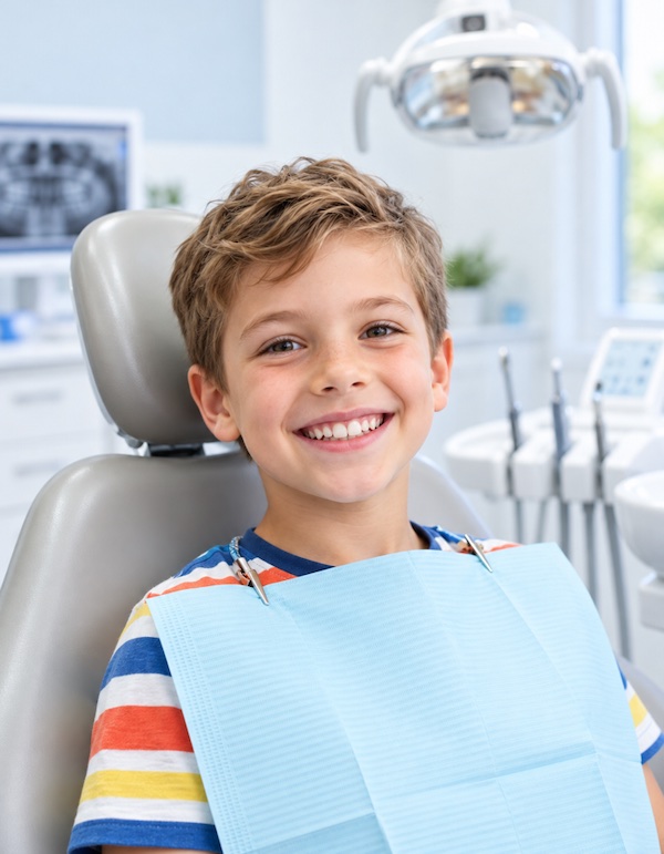 Bambino sorridente sulla poltrona del dentista